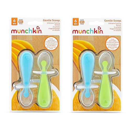 MUNCHKIN SILICONE SCOOP TRAINER SPOONS WITH CHOKE GUARD, 4-PACK, BLUE GREEN BABY LED WEANING UTENSIL
