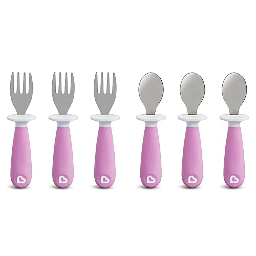 MUNCHKIN RAISE TODDLER FORK AND SPOON SET, BPA FREE, KEEPS TIPS OFF TABLE, 6 PACK, PURPLE