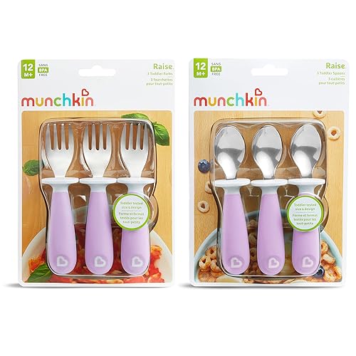 MUNCHKIN RAISE TODDLER FORK AND SPOON SET, BPA FREE, KEEPS TIPS OFF TABLE, 6 PACK, PURPLE