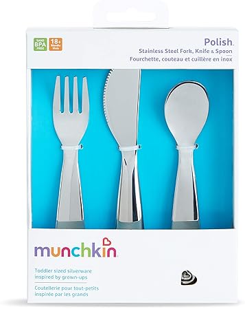 MUNCHKIN POLISH TODDLER UTENSILS SET, STAINLESS STEEL FORK, KNIFE SPOON, 3-PIECE SET