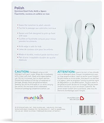 MUNCHKIN POLISH TODDLER UTENSILS SET, STAINLESS STEEL FORK, KNIFE SPOON, 3-PIECE SET