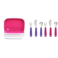 MUNCHKIN SPLASH 10-PIECE TODDLER PLATES UTENSILS SET, PINK PURPLE, BPA-FREE KIDS DINNERWARE