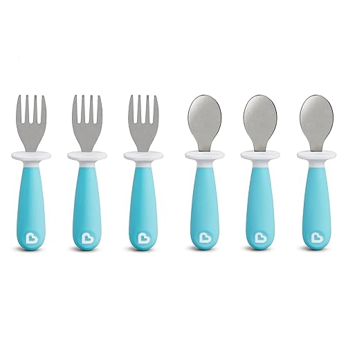 MUNCHKIN RAISE TODDLER FORK SPOON SET, BPA-FREE, 6-PACK, BLUE, NO-MESS REST, KIDS UTENSILS