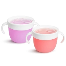 MUNCHKIN SNACK CATCHER TODDLER SNACK CUPS, NO SPILL, 2-PACK, PINK PURPLE CONTAINERS
