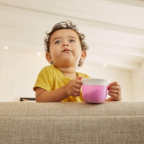 MUNCHKIN SNACK CATCHER TODDLER SNACK CUPS, NO SPILL, 2-PACK, PINK PURPLE CONTAINERS