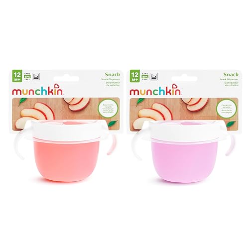 MUNCHKIN SNACK CATCHER TODDLER SNACK CUPS, NO SPILL, 2-PACK, PINK PURPLE CONTAINERS