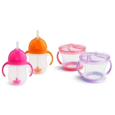 MUNCHKIN TODDLER SNACK SIPPY CUP SET 7OZ WEIGHTED STRAW CUP 9OZ SNACK CATCHERS, PINK PURPLE