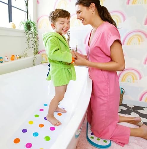 MUNCHKIN DOTS BATH MAT FOR KIDS, NON-SLIP MULTICOLORED TUB MAT, 30.5X14.25