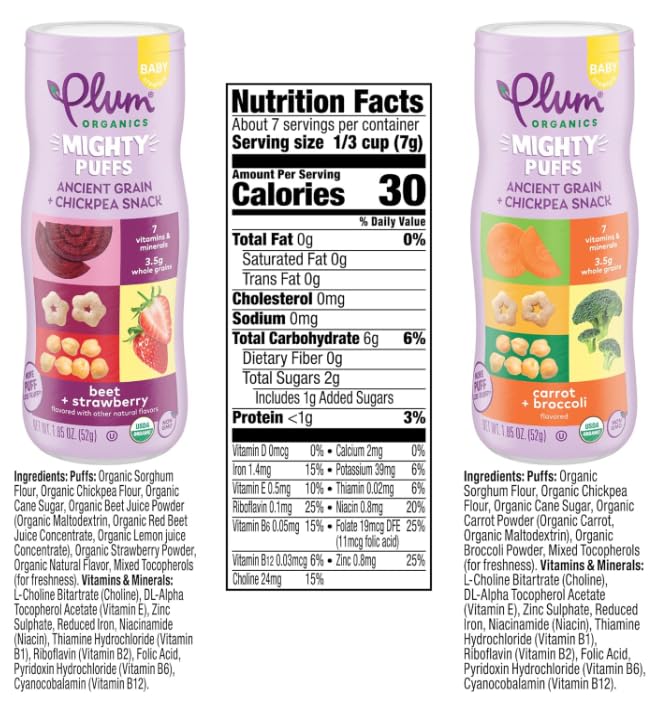 PLUM ORGANICS MIGHTY PUFFS BABY SNACKS, ANCIENT GRAINS CHICKPEA, 2 FLAVOR PACK, 6X1.85OZ