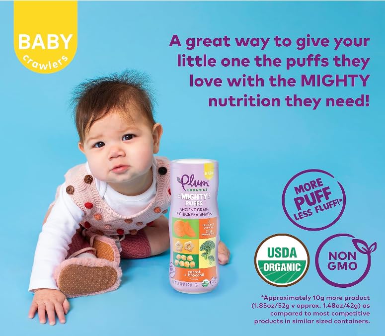 PLUM ORGANICS MIGHTY PUFFS BABY SNACKS, ANCIENT GRAINS CHICKPEA, 2 FLAVOR PACK, 6X1.85OZ