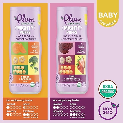 PLUM ORGANICS MIGHTY PUFFS BABY SNACKS, ANCIENT GRAINS CHICKPEA, 2 FLAVOR PACK, 6X1.85OZ