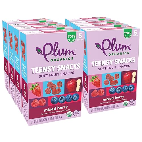PLUM ORGANICS TEENSY SNACKS SOFT MIXED BERRY FRUIT SNACKS, ORGANIC TODDLER FOOD, 5CT, 8 PACK