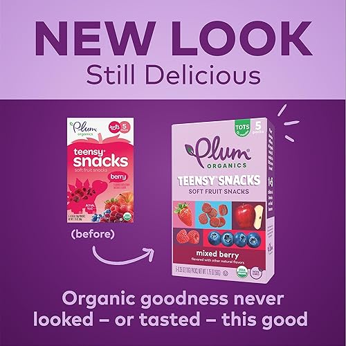 PLUM ORGANICS TEENSY SNACKS SOFT MIXED BERRY FRUIT SNACKS, ORGANIC TODDLER FOOD, 5CT, 8 PACK