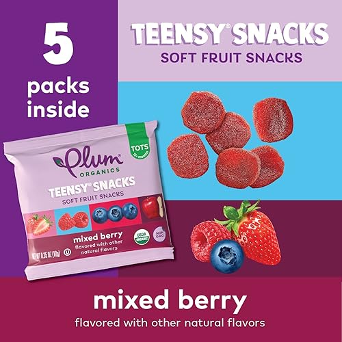 PLUM ORGANICS TEENSY SNACKS SOFT MIXED BERRY FRUIT SNACKS, ORGANIC TODDLER FOOD, 5CT, 8 PACK