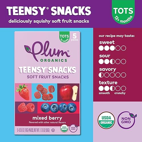 PLUM ORGANICS TEENSY SNACKS SOFT MIXED BERRY FRUIT SNACKS, ORGANIC TODDLER FOOD, 5CT, 8 PACK
