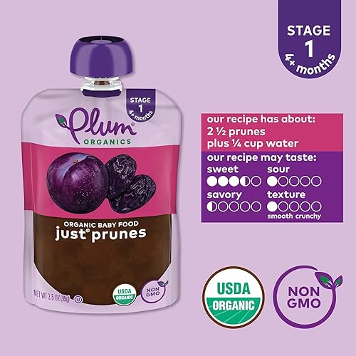 PLUM ORGANICS JUST PRUNES BABY FOOD, ORGANIC POUCHES, 4 MONTHS, 3.5OZ, PACK OF 12