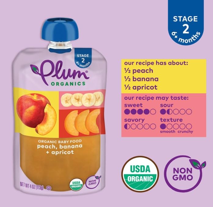 PLUM ORGANICS STAGE 2 BABY FOOD POUCH, PEACH BANANA APRICOT, 4OZ, ORGANIC, 12 PACK