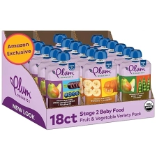 PLUM ORGANICS BABY FOOD POUCHES VARIETY PACK, 6 MONTHS, ORGANIC FRUITS VEGGIES, 18 COUNT, 4OZ
