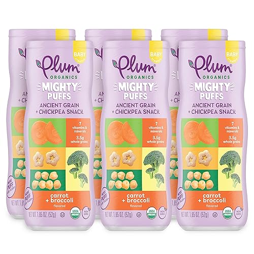 PLUM ORGANICS MIGHTY PUFFS CARROT BROCCOLI BABY SNACKS, ORGANIC, 1.85OZ, 6 PACK, ANCIENT GRAINS