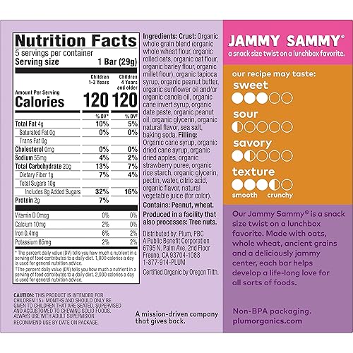 PLUM ORGANICS JAMMY SAMMY PEANUT BUTTER STRAWBERRY SNACK BARS, ORGANIC, 30 PACK, TODDLER FOOD