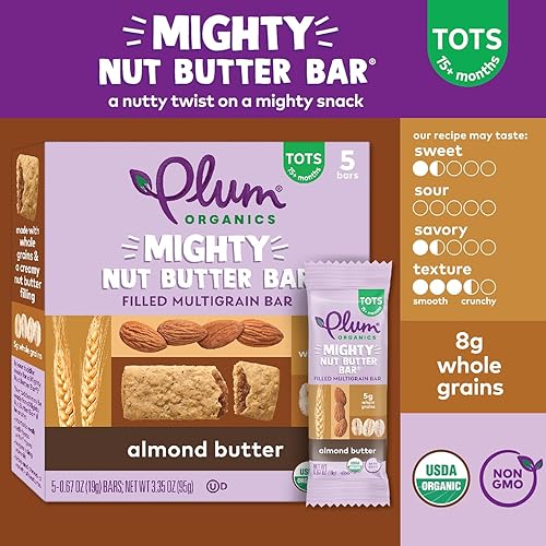 PLUM ORGANICS MIGHTY NUT BUTTER BARS, ALMOND BUTTER, ORGANIC MULTIGRAIN TODDLER SNACK, 40 PACK