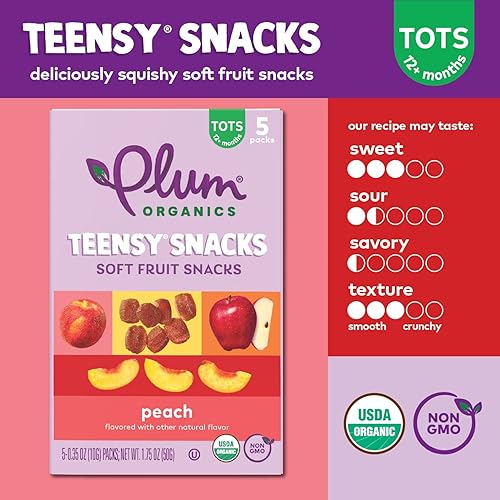 PLUM ORGANICS TEENSY SNACKS PEACH, ORGANIC SOFT FRUIT SNACKS FOR TODDLERS, 0.35OZ, 40 PACK
