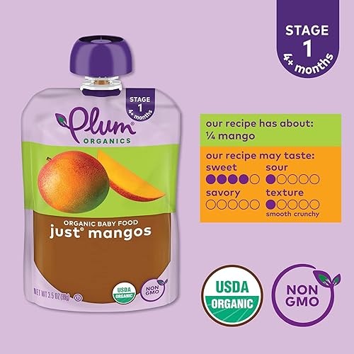 PLUM ORGANICS JUST MANGOS BABY FOOD, ORGANIC, 3.5OZ POUCHES, 4 MONTHS, PACK OF 6