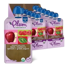 PLUM ORGANICS STAGE 2 BABY FOOD POUCH, APPLE RASPBERRY SPINACH YOGURT, 3.5OZ, 12 PACK, ORGANIC