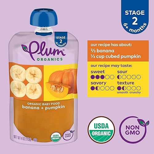 PLUM ORGANICS STAGE 2 ORGANIC BABY FOOD, BANANA PUMPKIN PUREE, 4OZ POUCHES, PACK OF 6