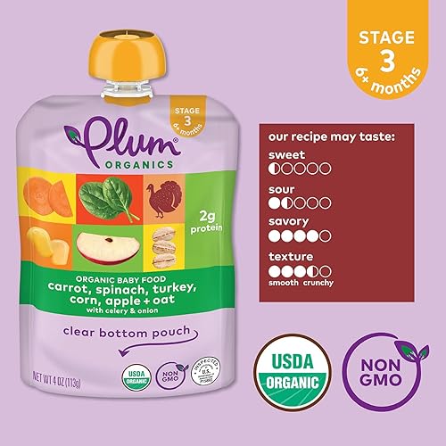 PLUM ORGANICS STAGE 3 BABY FOOD POUCHES, CARROT SPINACH TURKEY, 4OZ, 12 PACK, ORGANIC PUREE