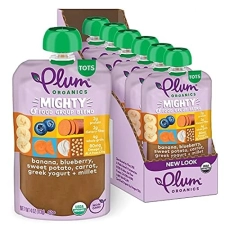 PLUM ORGANICS MIGHTY 4 TODDLER FOOD POUCH, BANANA BLUEBERRY VEGGIES YOGURT, 4OZ, 6 PACK, ORGANIC