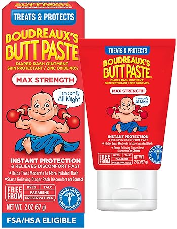 BOUDREAUXS BUTT PASTE MAXIMUM STRENGTH DIAPER RASH CREAM FOR BABIES, 2 OZ TUBE, FAST RELIEF