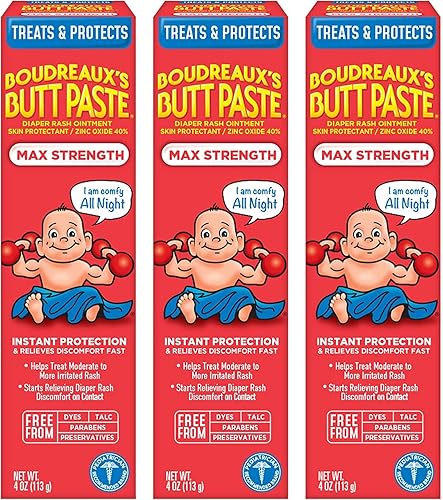 BOUDREAUX S BUTT PASTE MAX STRENGTH DIAPER RASH CREAM WITH ZINC OXIDE, 4OZ, 3-PACK FOR BABIES