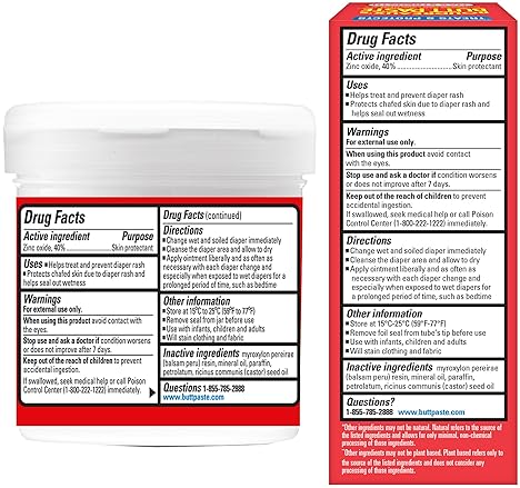 BOUDREAUX S BUTT PASTE MAX STRENGTH DIAPER RASH CREAM WITH ZINC OXIDE, 2OZ TUBE 14OZ JAR