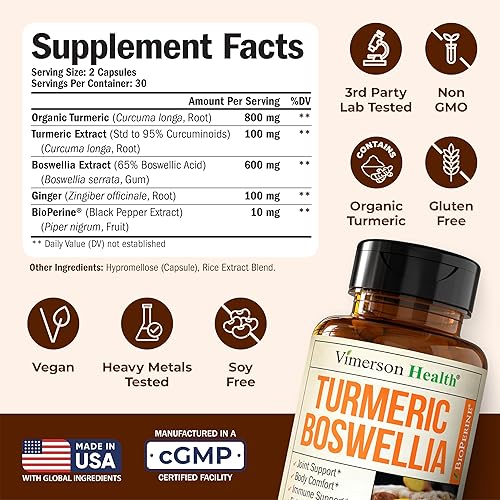VIMERSON HEALTH TURMERIC CURCUMIN WITH BOSWELLIA, GINGER, BLACK PEPPER 95 CURCUMINOIDS, 60 GLUTEN-FREE CAPSULES