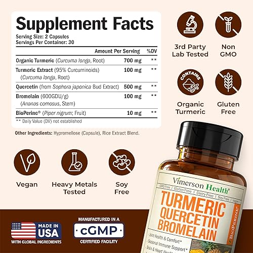 VIMERSON HEALTH QUERCETIN 500MG WITH BROMELAIN, TURMERIC CURCUMIN BLACK PEPPER ALLERGY, JOINT IMMUNE SUPPORT 60 CAPS