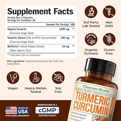 VIMERSON HEALTH ORGANIC TURMERIC CURCUMIN 1200MG WITH BLACK PEPPER 95 CURCUMINOIDS, JOINT SUPPORT, 60 VEGAN CAPS