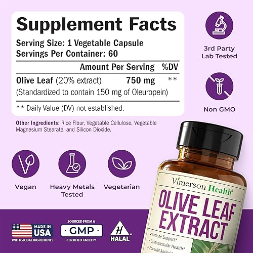 VIMERSON HEALTH OLIVE LEAF EXTRACT 750MG 150MG OLEUROPEIN ANTIOXIDANT IMMUNE SUPPORT VEGAN 60 CAPSULES