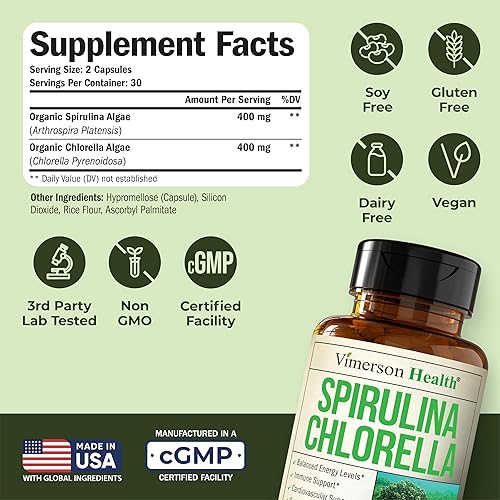 VIMERSON HEALTH ORGANIC SPIRULINA CHLORELLA CAPSULES VEGAN SUPERFOOD FOR IMMUNE, ENERGY ANTIOXIDANT SUPPORT, 60CT