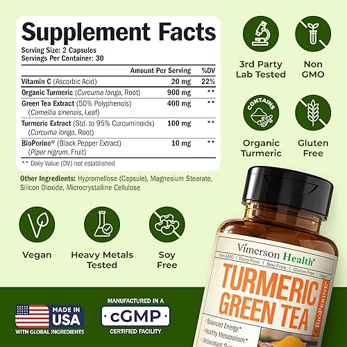 VIMERSON HEALTH TURMERIC CURCUMIN WITH GREEN TEA EXTRACT, VITAMIN C BLACK PEPPER JOINT SUPPORT 60 CAPSULES