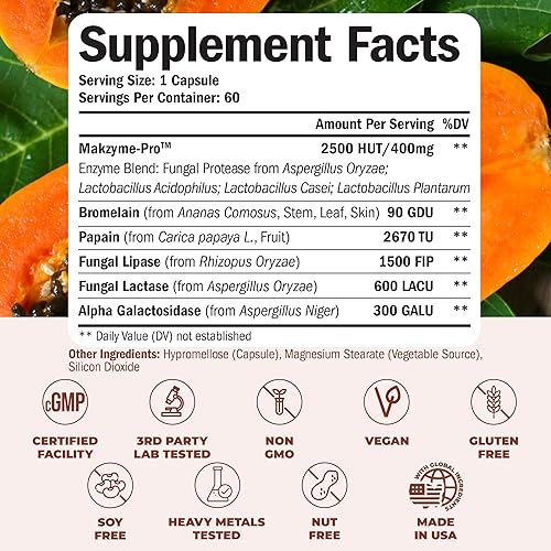 VIMERSON HEALTH DIGESTIVE ENZYMES PROBIOTICS SUPPLEMENT MAKZYME-PRO FORMULA FOR DIGESTION NUTRIENT ABSORPTION, 60 CA