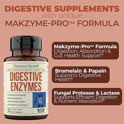 VIMERSON HEALTH DIGESTIVE ENZYMES PROBIOTICS SUPPLEMENT MAKZYME-PRO FORMULA FOR DIGESTION NUTRIENT ABSORPTION, 60 CA