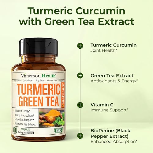 VIMERSON HEALTH TURMERIC CURCUMIN CAPSULES WITH GREEN TEA, VITAMIN C BLACK PEPPER FOR JOINT HEALTH, 60 COUNT