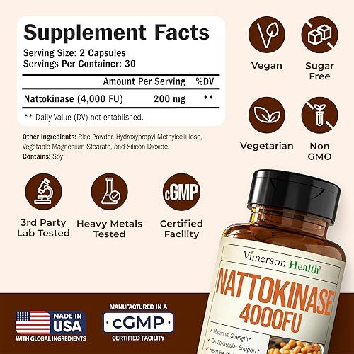 VIMERSON HEALTH NATTOKINASE 4000 FU SUPPLEMENT VEGAN HEART CIRCULATION SUPPORT, NON-GMO, 60 CAPSULES