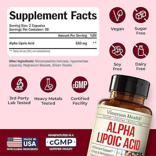 VIMERSON HEALTH ALPHA LIPOIC ACID 650MG HIGH POTENCY ANTIOXIDANT FOR NERVE BRAIN HEALTH VEGAN, 60 CAPSULES