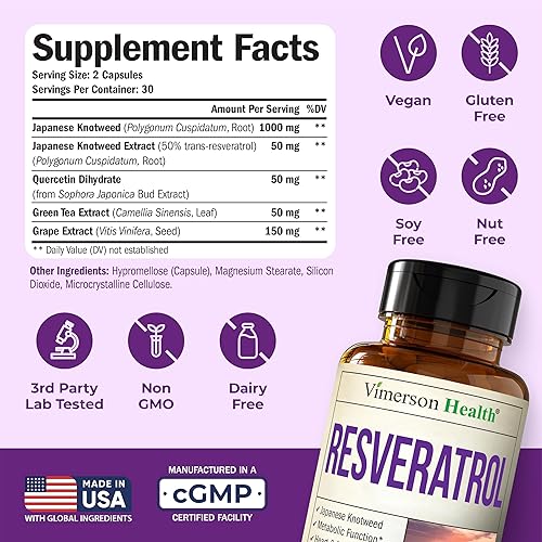 VIMERSON HEALTH JAPANESE KNOTWEED RESVERATROL CAPSULES 1000MG WITH GREEN TEA, QUERCETIN GRAPE, 60 COUNT