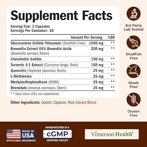VIMERSON HEALTH GLUCOSAMINE CHONDROITIN MSM JOINT SUPPORT SUPPLEMENT 1500MG, 90 CAPSULES FOR MEN WOMEN