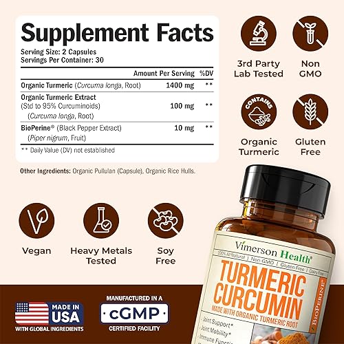 VIMERSON HEALTH ORGANIC TURMERIC CURCUMIN 1400MG WITH BLACK PEPPER 95 CURCUMINOIDS, JOINT DIGESTIVE SUPPORT, 60 VEGA