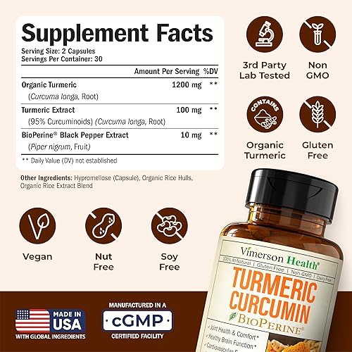VIMERSON HEALTH ORGANIC TURMERIC CURCUMIN 1200MG WITH BLACK PEPPER 95 CURCUMINOIDS FOR JOINT DIGESTIVE SUPPORT 60 CA