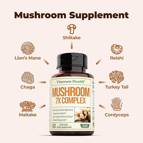 VIMERSON HEALTH 7-IN-1 MUSHROOM COMPLEX SUPPLEMENT LION S MANE, TURKEY TAIL, REISHI, CORDYCEPS MORE FOR FOCUS ENERGY